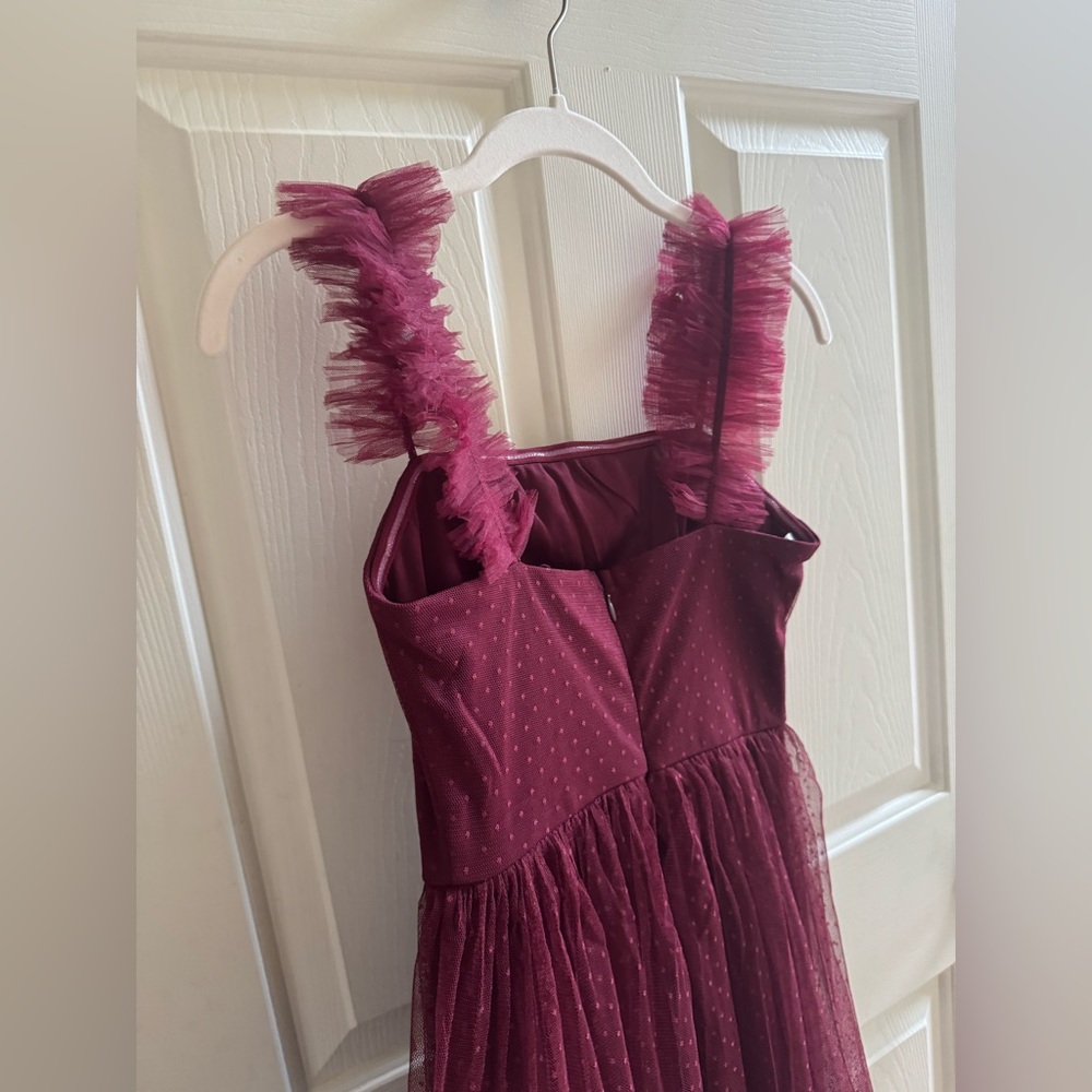 Divine Invitation Burgundy Tulle Swiss Dot Ruffled Midi Dress size XS - Picture 7 of 11